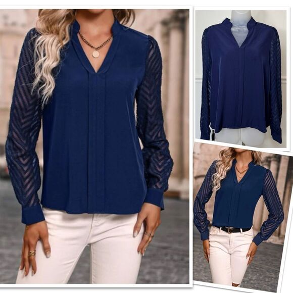 Notched Neckline Contrast Mesh Long Sleeve Blouse Size 8/10 - Picture 1 of 13